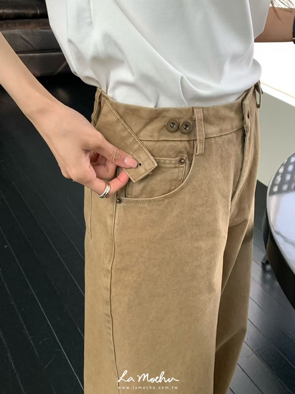 腰雙鈕扣垂墜牛仔寬褲